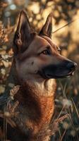 A stunning German Shepherd gazes thoughtfully amidst wildflowers, illuminated by the soft light of late afternoon sun photo