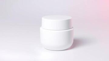 A white container with a lid on a pink background photo