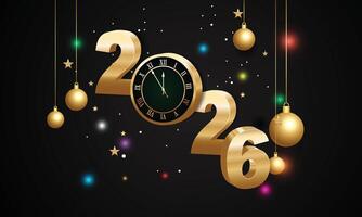 Happy New Year 2026. Golden 3D numbers with ribbons and confetti on a black background. vector