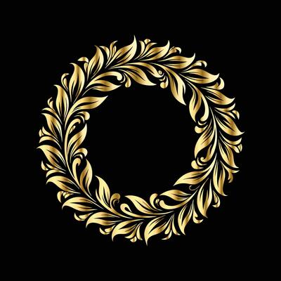 golden wreath on black background. Vintage gold frame with floral ornament.
