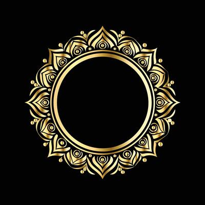 golden round frame on black background. Vintage gold frame with floral ornament