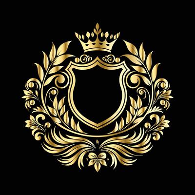 golden shield with crown and leaves on black background
