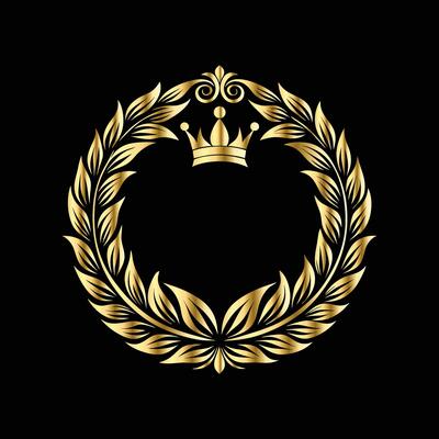 golden laurel wreath with crown on black background. with floral ornament