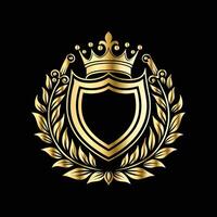 golden shield with crown and laurel wreath on black background vector