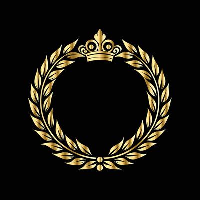 golden laurel wreath with crown on black background. Vintage gold frame with floral ornament