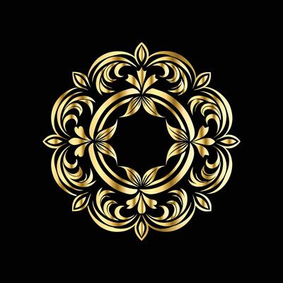 golden floral pattern on black background.