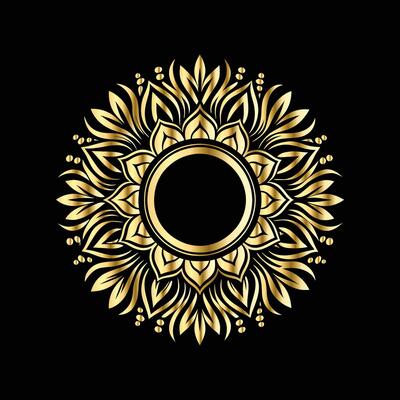 golden round frame with floral pattern on black background