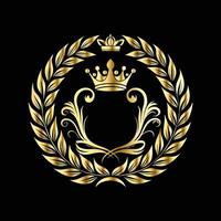 golden crown with laurel wreath on black background. with floral ornament vector