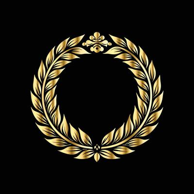 golden laurel wreath on black background. gold vintage frames