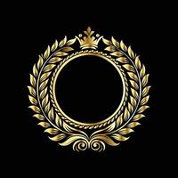 golden laurel wreath frame with crown on black background vector