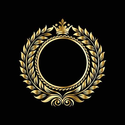 golden laurel wreath frame with crown on black background