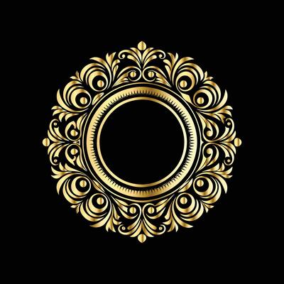 golden round frame on black background. Vintage gold frame with floral ornament.