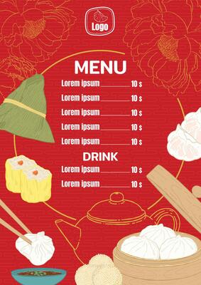Dim Sum menu template with various Chinese food illustration like siu mai, bao, and zongzi
