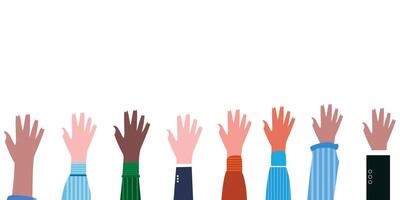 Hands in different colors and clothes are lifting on white background. Suitable for elements of demonstration, cooperation, equality or difference. vector