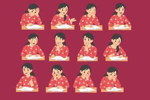 Girl studying and showing different expressions vector