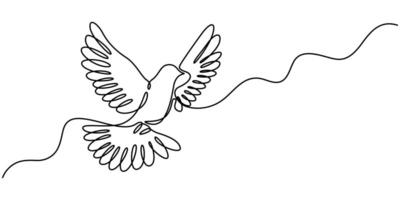 Flying Dove in Clouds. One Continuous Line. Pigeon Bird Symbol of Peace and Freedom vector