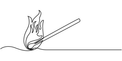 Continuous line drawing. Burning match. Black isolated on white background vector