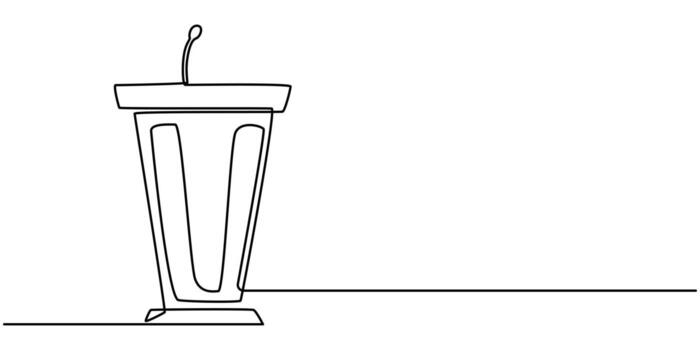 Single one line drawing podium with microphone, Conference lectern line icon on the background vector
