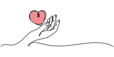 Continuous one line drawing arms holding heart. Charity donation linear concept vector