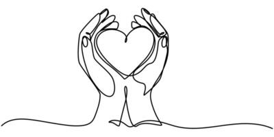 The hands holding a heart are outlined in a continuous one line drawing, One continuous line drawing of hands holding heart vector