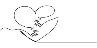 The hands holding a heart are outlined in a continuous one line drawing vector