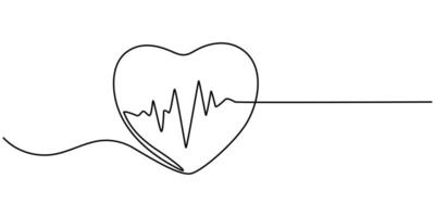 Continuous line drawing of heart with heartbeat. Pulse trace vector