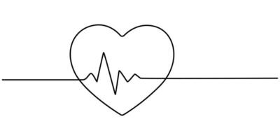 Continuous line drawing of heart with heartbeat. Pulse trace. Cardiogram icon vector