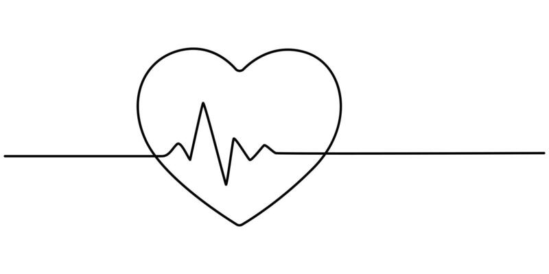 Continuous line drawing of heart with heartbeat. Pulse trace. Cardiogram icon