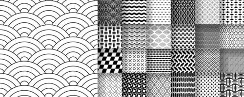 Collection of seamless black and white patterns suitable for packaging, fabric, and digital design, . vector