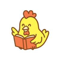 A cute yellow chicken reading a book, happy and smiling. vector