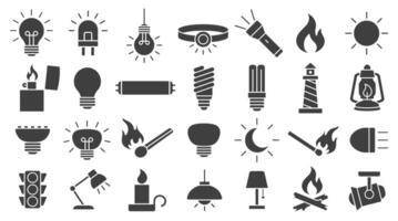 Light icon symbol set. Light bulb, lamp, flashlight, LED, lantern, spotlight, campfire and lighter icons sign. illustration image. Isolated on white background. vector