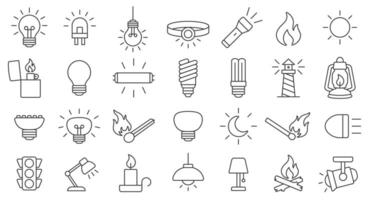 Light editable stroke line icon symbol set. Light bulb, lamp, flashlight, LED, lantern, spotlight, campfire and lighter icons sign. illustration image. Isolated on white background. vector