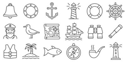 Marine and Seafaring Editable Stroke Line Icon Set. Nautical Adventures and Maritime Exploration. Ancient Sail Ship, Captain, Anchor, lighthouse, Binoculars, helm, compass. illustration icons vector