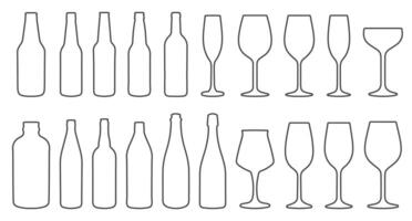 Set of different wine glasses and beer bottles icon symbols. Editable stroke line icons collection. illustration image. Wine glass and bottles silhouette shape sign. Isolated on white vector