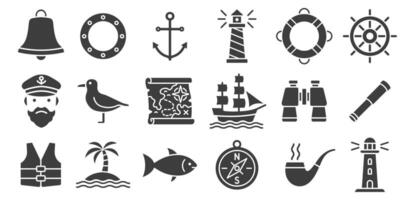 Marine and Seafaring Icon Set. Nautical Adventures and Maritime Exploration. Ancient Sail Ship, Captain, Anchor, lighthouse, Binoculars, helm, compass. illustration icons vector