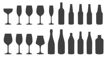 Set of different wine glasses and beer bottles icon symbols. Beer bottle icons collection. illustration image. Wine glass and bottles silhouette shape sign. Isolated on white background. vector