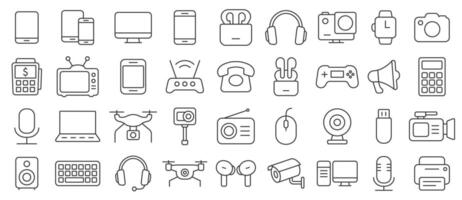 Device editable stroke line icon set. Electronic devices and gadgets icons for web, mobile app. Smart devices, drone, technology, smartphone, tablet, laptop. illustration. Isolated on white vector