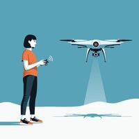 woman controlling a drone with remote, flat design vector