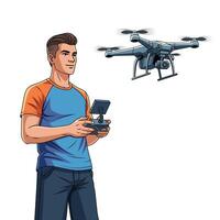 Man flying a drone with remote control vector