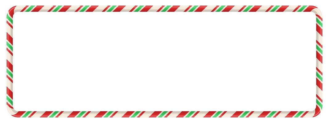 Candy cane rectangular frame with red and green striped pattern. 3D ribbon shape creates festive border for card, photo, or banner. Seamless holiday element with spiral lines. illustration.
