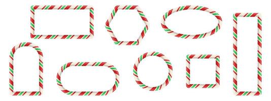Set of striped frames with red, white, and green candy cane texture. Includes circular, square, and oval borders. Designed as decorative holiday elements for templates and cards. illustration. vector