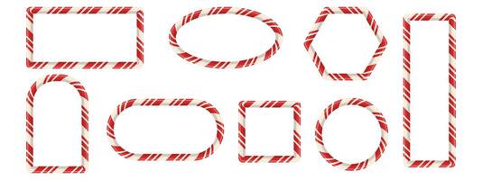 Realistic set of candy cane style frames. Includes round, square, and oval borders with red and white stripes. Designed as 3D striped elements for cards, banners, or photo templates. illustration. vector