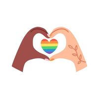 Two hands create a heart shape around the rainbow heart. Hand drawn illustration. vector