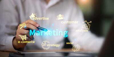 analyze marketing strategies, modern marketing business ideas, use online technologies and advertising through websites and media, to plan future growth ,Setting business goals photo