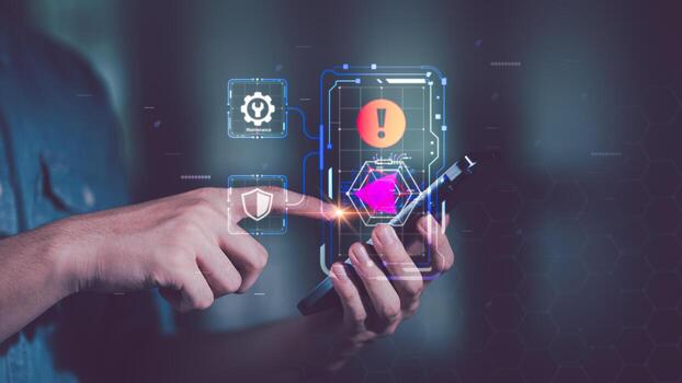 Programmer and virtual icons ,exclamation mark ,alarm,computer virus detected ,danger warning concept or information error that should be urgently fixed and repaired ,Notification of security issues photo