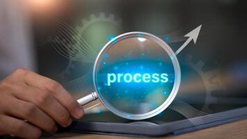 Implementing workflow or operating systems to improve efficiency and effectiveness for better results. Managing business processes with innovative software technologies and enterprise automation. photo