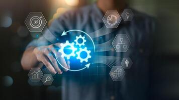 Managing business processes with innovative software technologies and enterprise automation. Implementing workflows or operating systems to improve efficiency and effectiveness achieve better results photo