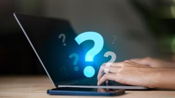 Questioning concepts, why, where, when, how, who ,to find the answer , and ask for help to solve the problem,Finding new solutions to solve business problems ,FAQs ,search information on internet photo