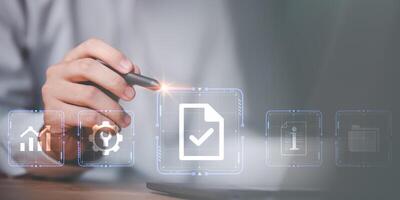 Organization's important document storage management, document system, accountant checks documents, accountant demonstrates the concept of office document auditing, audit process plan photo