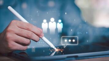 Human Resources Management ,customer reviews, document sharing, and communication bubbles, symbolizing efficient digital transformation in HR, talent acquisition, and employee engagement. photo